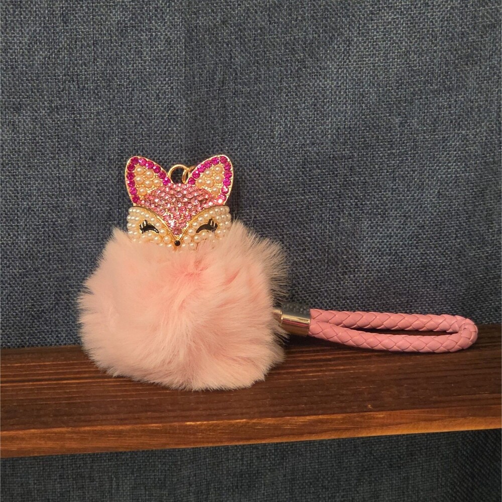 Pink Rhinestone Fox Pom Pom Keychain Charm Braided Strap